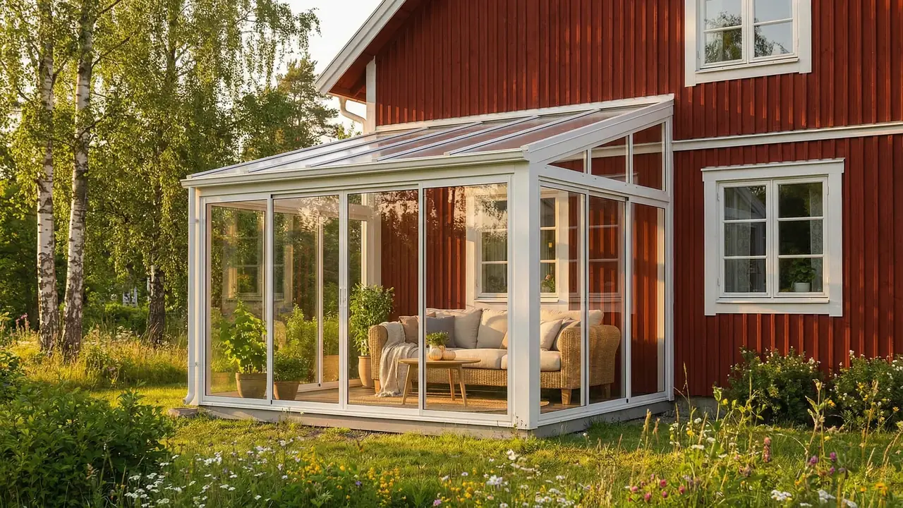 Skandinaviskt uterum med glaspartier på svensk villa omgiven av natur